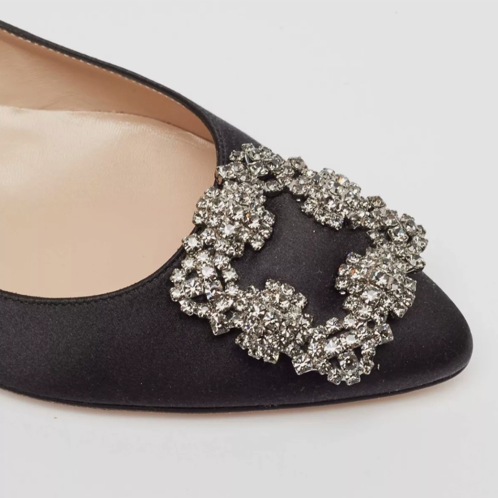 Manolo Blahnik HANGISIFLAT Black Satin Jewel Buckle Flat Pumps Size 39 - Picture 5 of 16